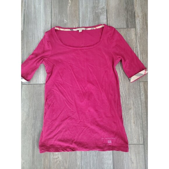 Burberry Tops - BURBERRY BRIT Dark Pink Cotton Jersey 3/4 Sleeve Plaid Cuff T-Shirt Sz S. Top